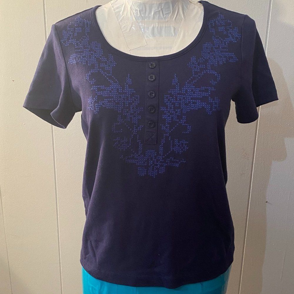 Rebecca Malone Short Sleeve Scoop Neck Cross-stitch Accents Womens Top Size S